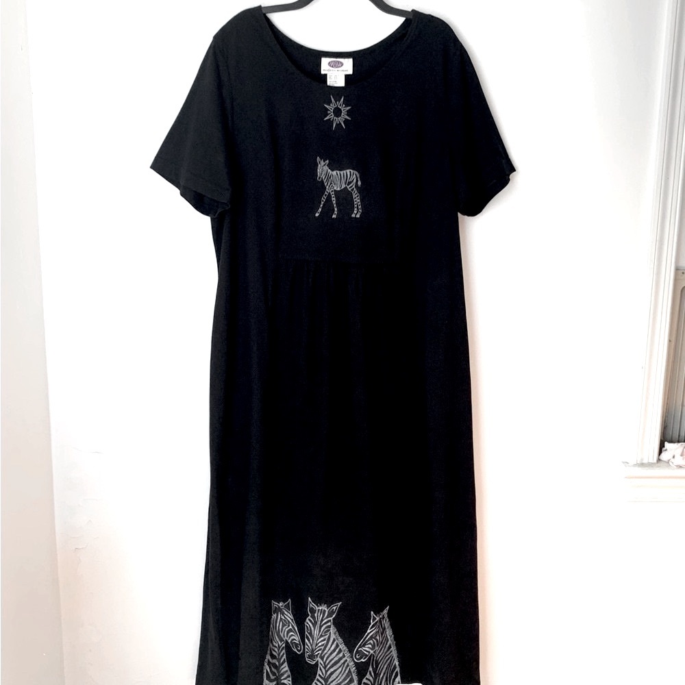 Vintage Zebra Motif Black Cotton Maxi Dress Unique 22W